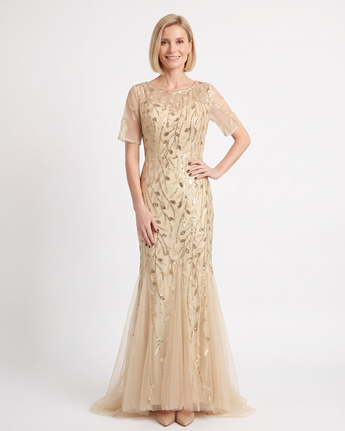 Beige sequin mermaid gown with leaf embroidery, sheer short sleeves, and a tulle maxi skirt