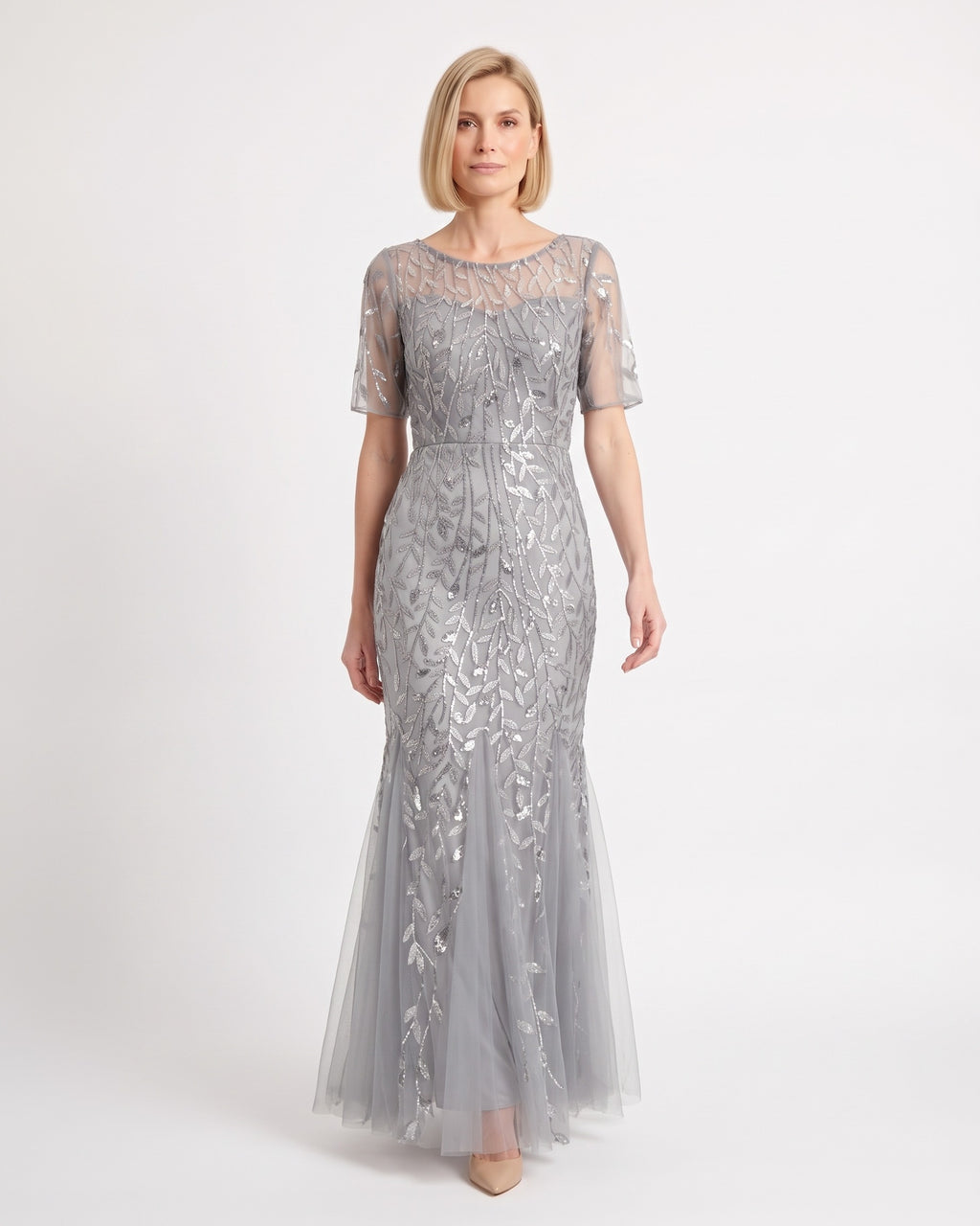 Gray sequin mermaid gown with leaf embroidery, sheer short sleeves, and a tulle maxi skirt