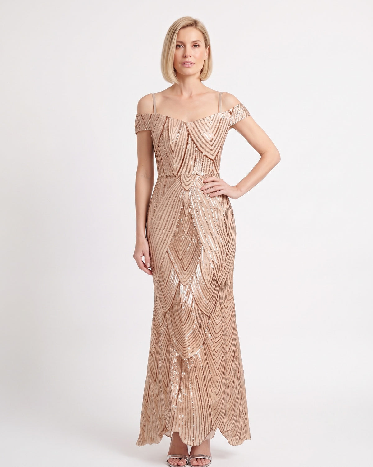Beige sequin mermaid maxi dress with off-shoulder neckline and layered scallop hem