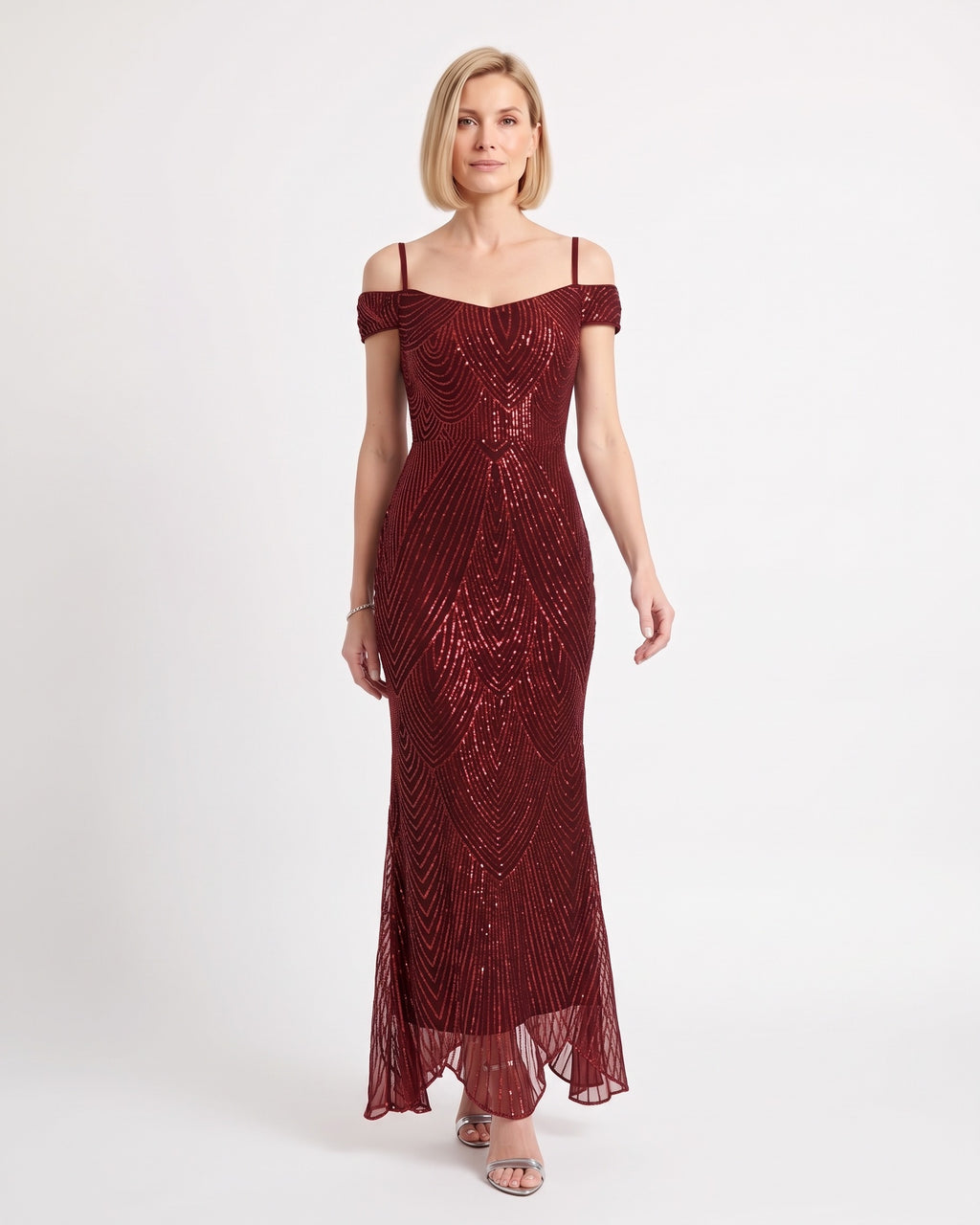 Burgundy sequin mermaid maxi dress with off-shoulder neckline and flowing scallop hem