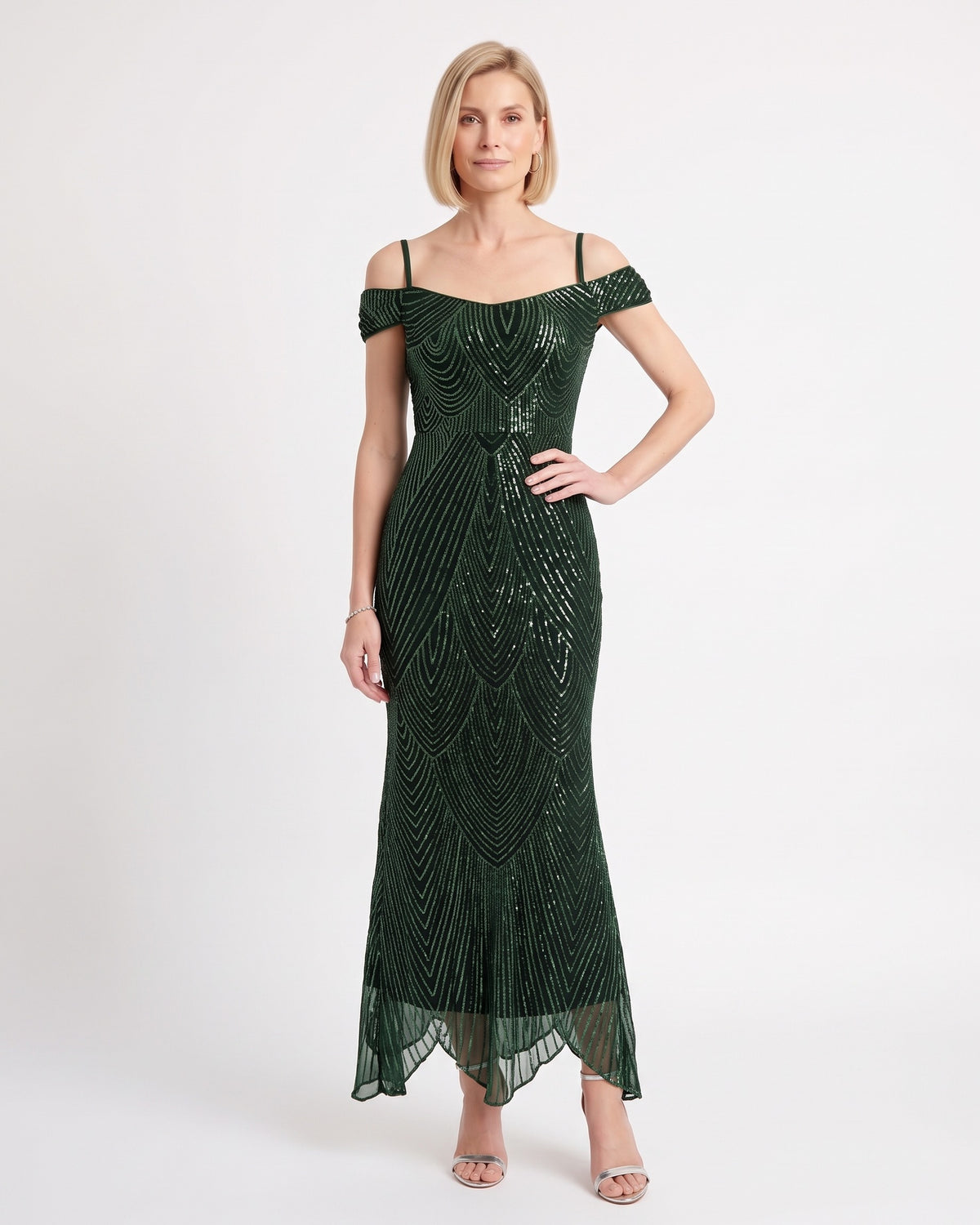 Dark green sequin mermaid maxi dress with off-shoulder neckline and tiered scallop hem