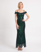 Green and black sequin mermaid maxi dress with off-shoulder neckline and scalloped hem