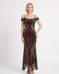Multicolor sequin mermaid maxi dress with off-shoulder neckline and scalloped hem