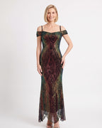 Multicolor sequin mermaid maxi dress with off-shoulder neckline and scalloped hem