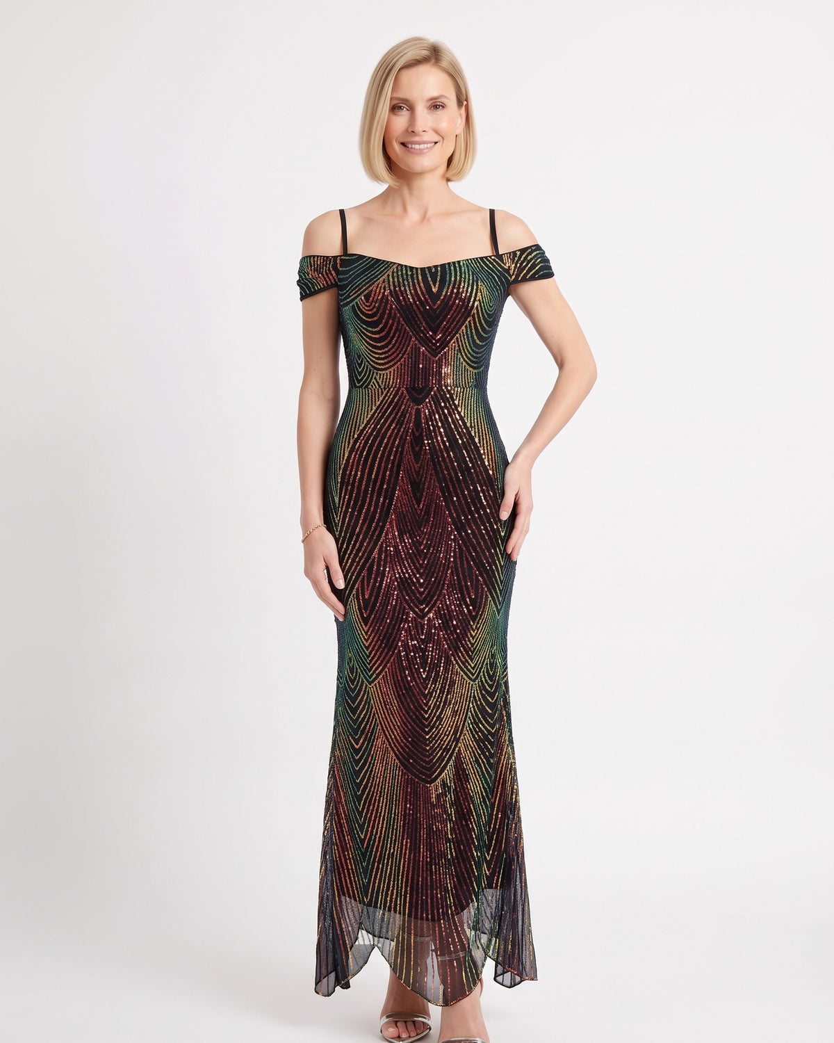 Multicolor sequin mermaid maxi dress with off-shoulder neckline and scalloped hem