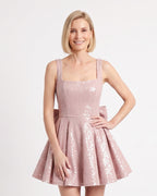 Light pink sequin mini dress, square neckline, fitted bodice and flared skirt