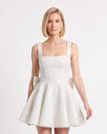 White sequin mini dress, square neckline, fitted bodice and flared skirt