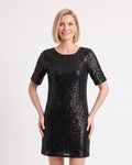 Black sequin mini shift dress with round neck and short sleeves
