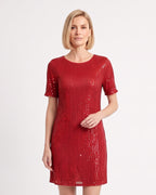 Red sequin mini shift dress with round neck and short sleeves