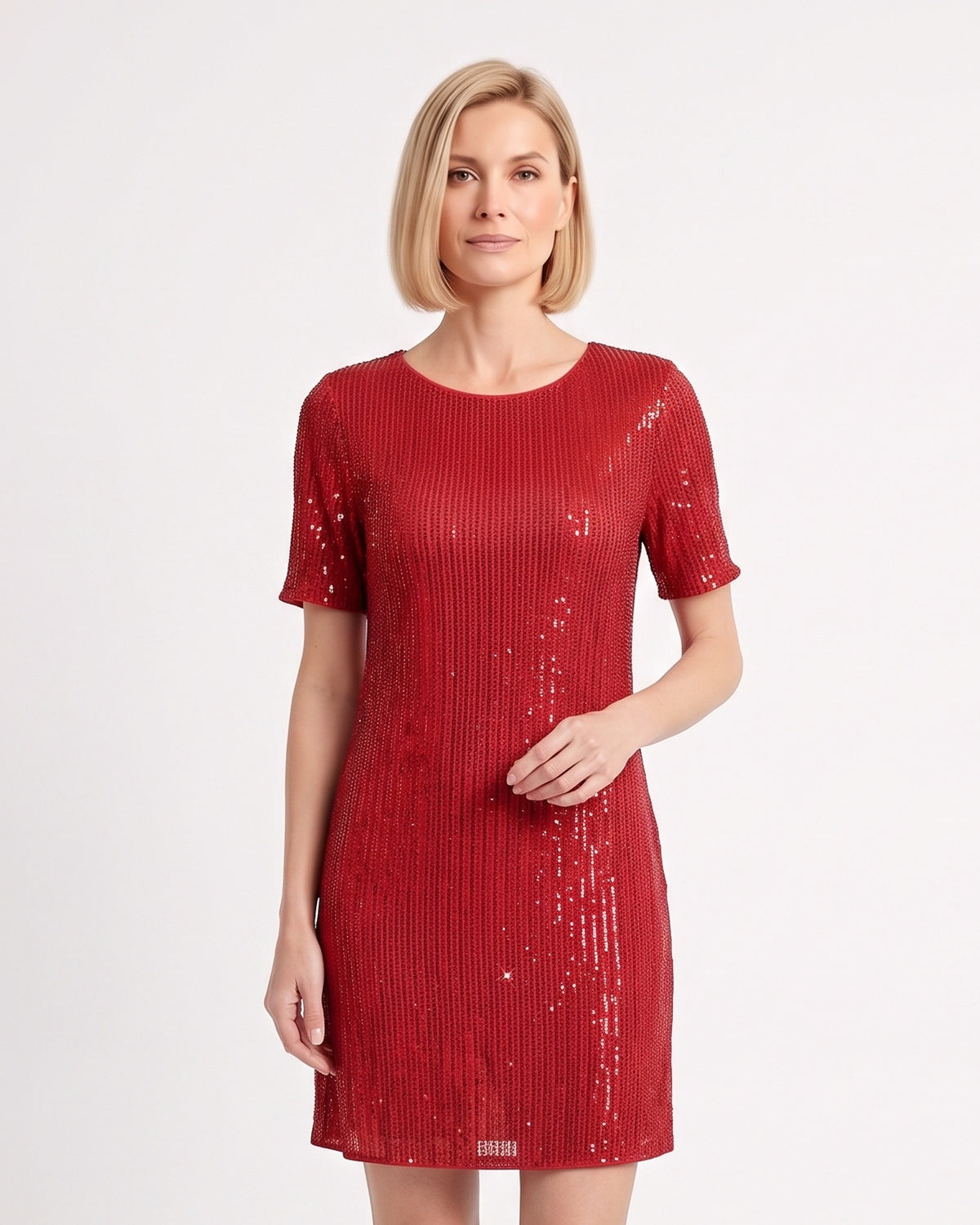 Red sequin mini shift dress with round neck and short sleeves