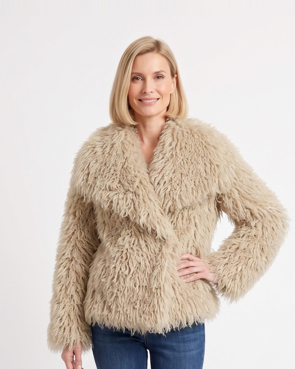Women’s shaggy faux fur jacket in beige, oversized with wide shawl collar