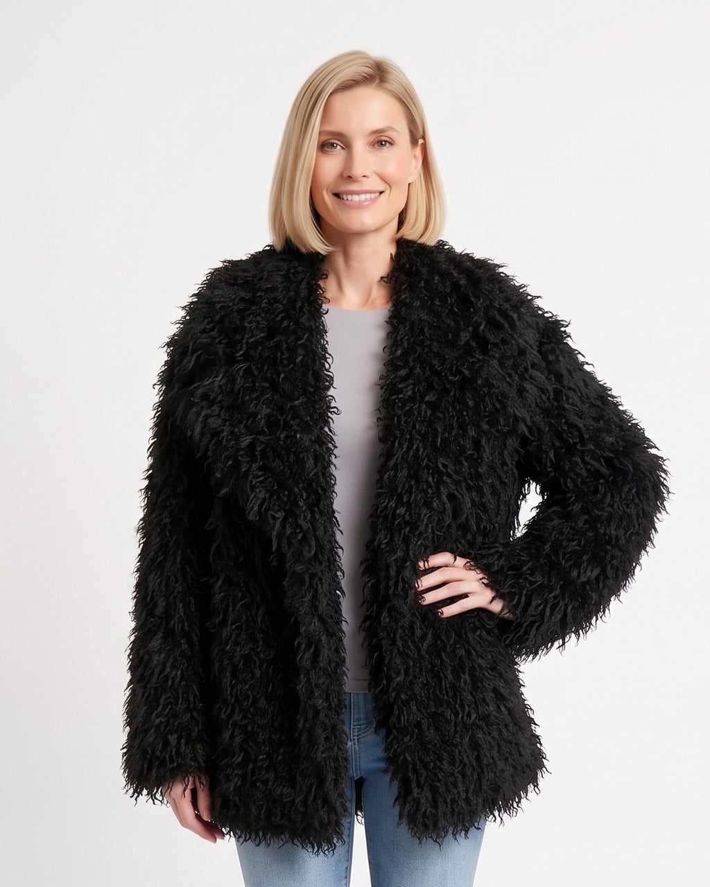Women’s shaggy faux fur jacket in black, oversized with wide shawl collar