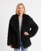 Women’s shaggy faux fur jacket in black, oversized with wide shawl collar