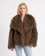 Women’s shaggy faux fur jacket in brown, oversized with wide shawl collar