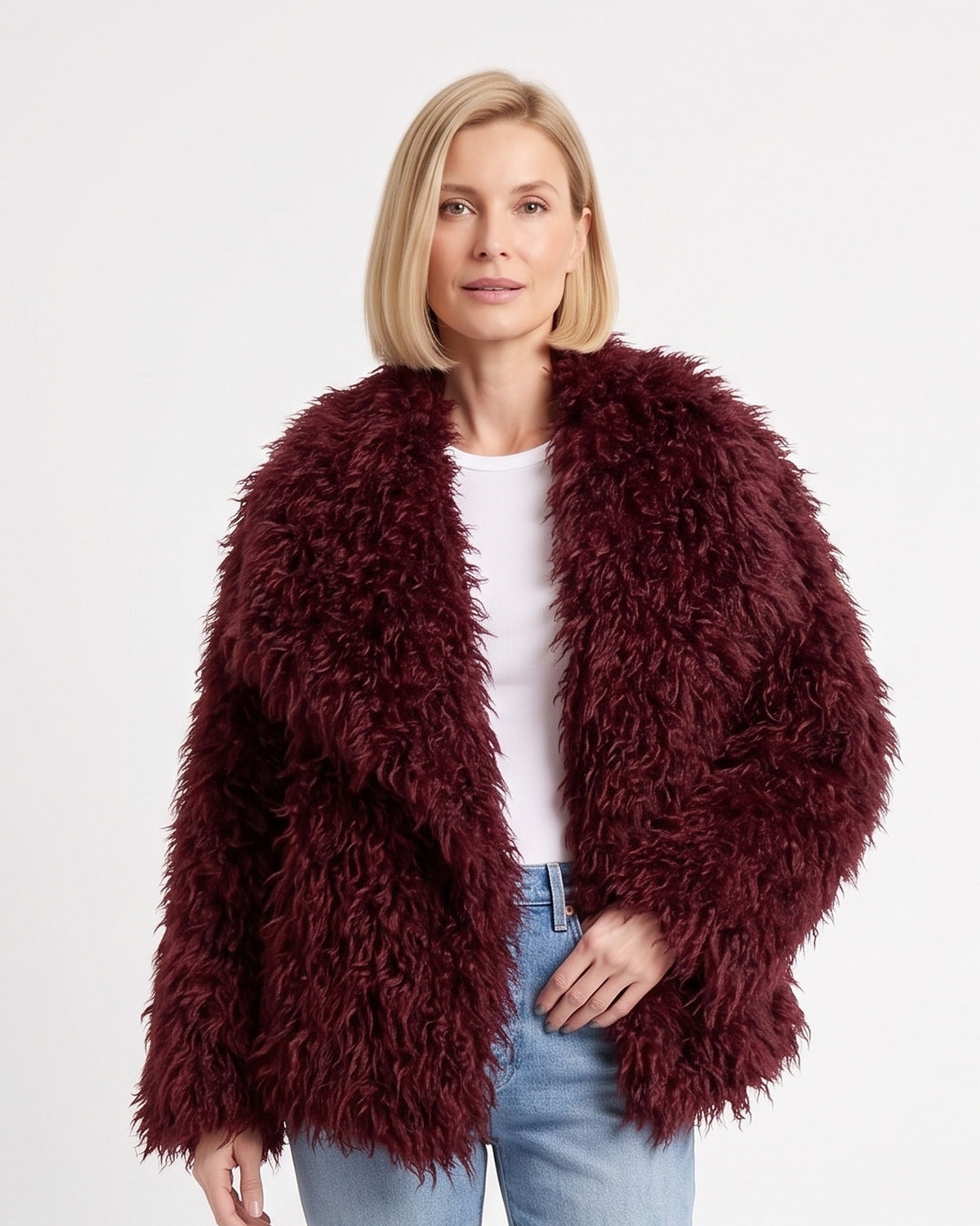 Women’s shaggy faux fur jacket in burgundy, oversized with wide shawl collar