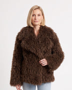 Women’s shaggy faux fur jacket in dark brown, oversized with wide shawl collar