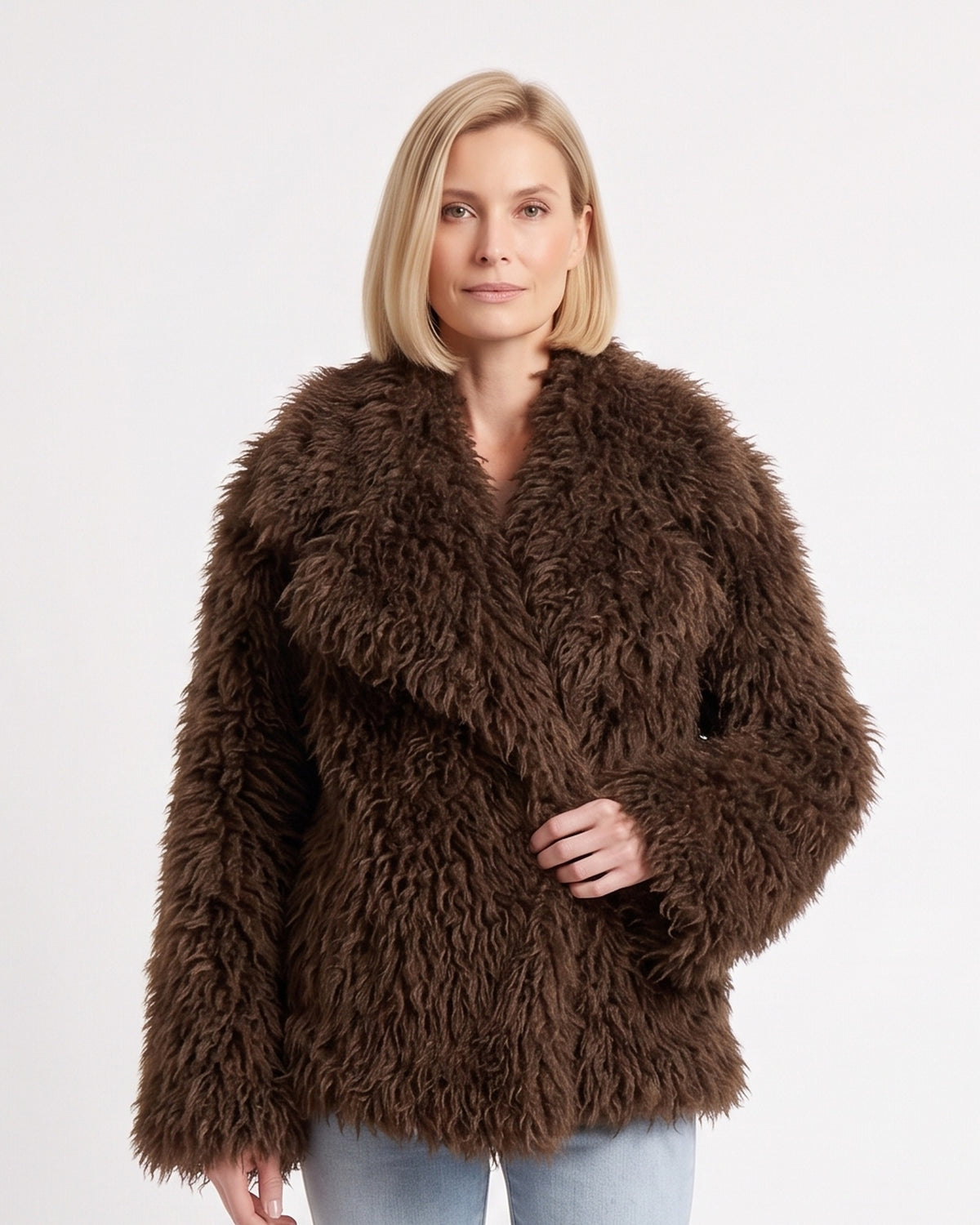 Women’s shaggy faux fur jacket in dark brown, oversized with wide shawl collar