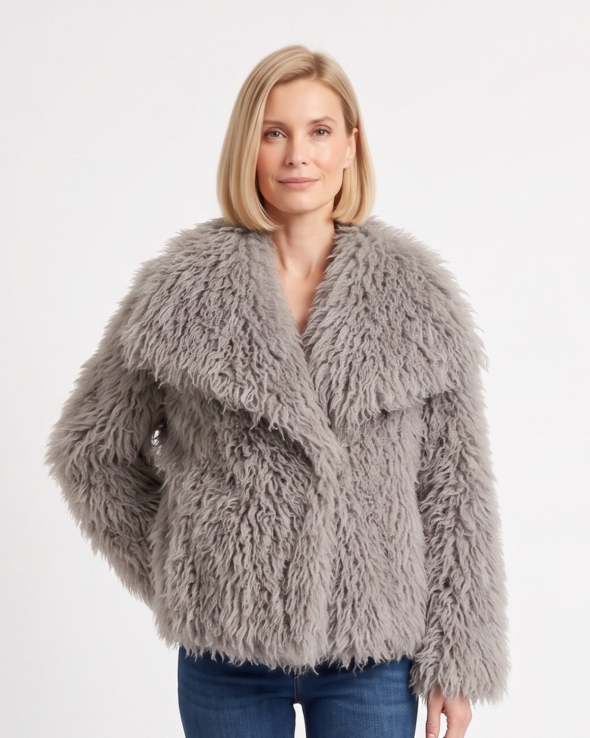 Women’s shaggy faux fur jacket in gray, oversized with wide shawl collar