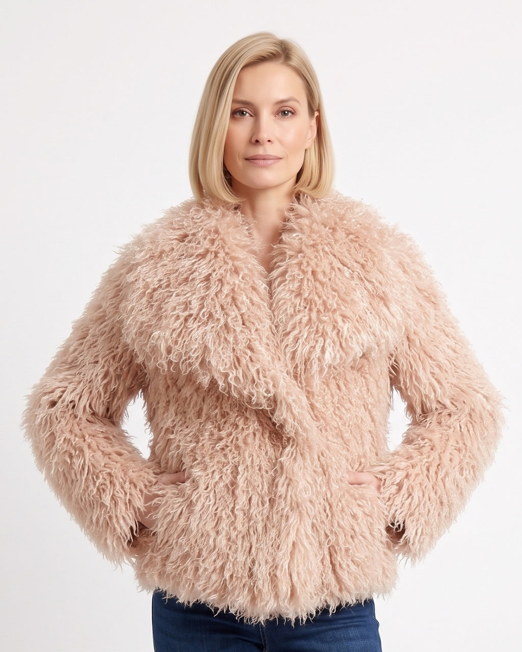 Women’s shaggy faux fur jacket in light pink, oversized with wide shawl collar