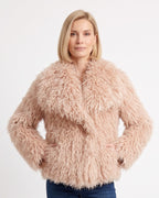 Women’s shaggy faux fur jacket in light pink, oversized with wide shawl collar