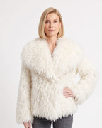 Women’s shaggy faux fur jacket in white, oversized fit with wide shawl collar