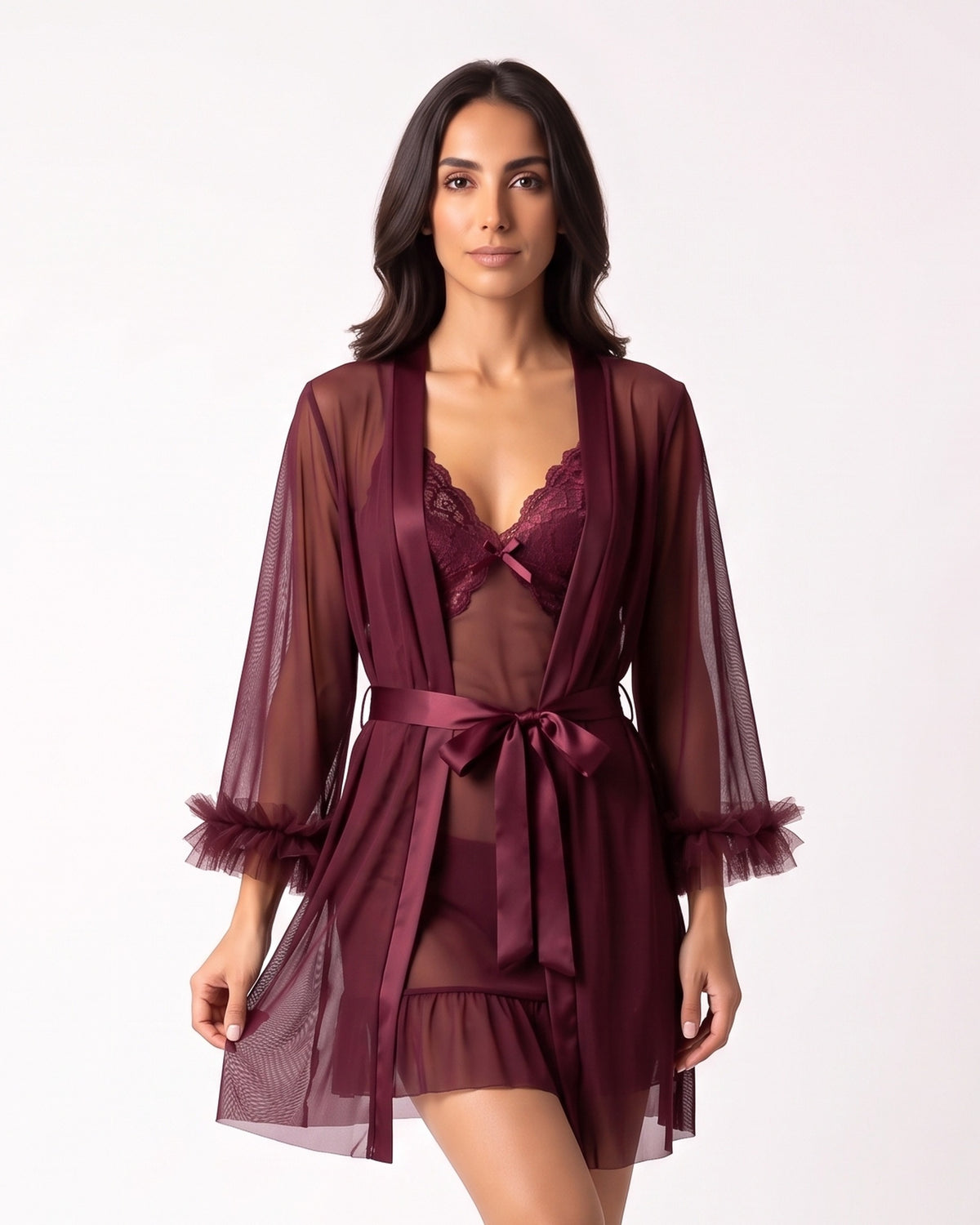 Burgundy sheer mesh robe and chemise set with lace neckline, ruffle cuffs, satin tie belt