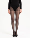 Sheer black polka dot tights with diagonal dot pattern and control top