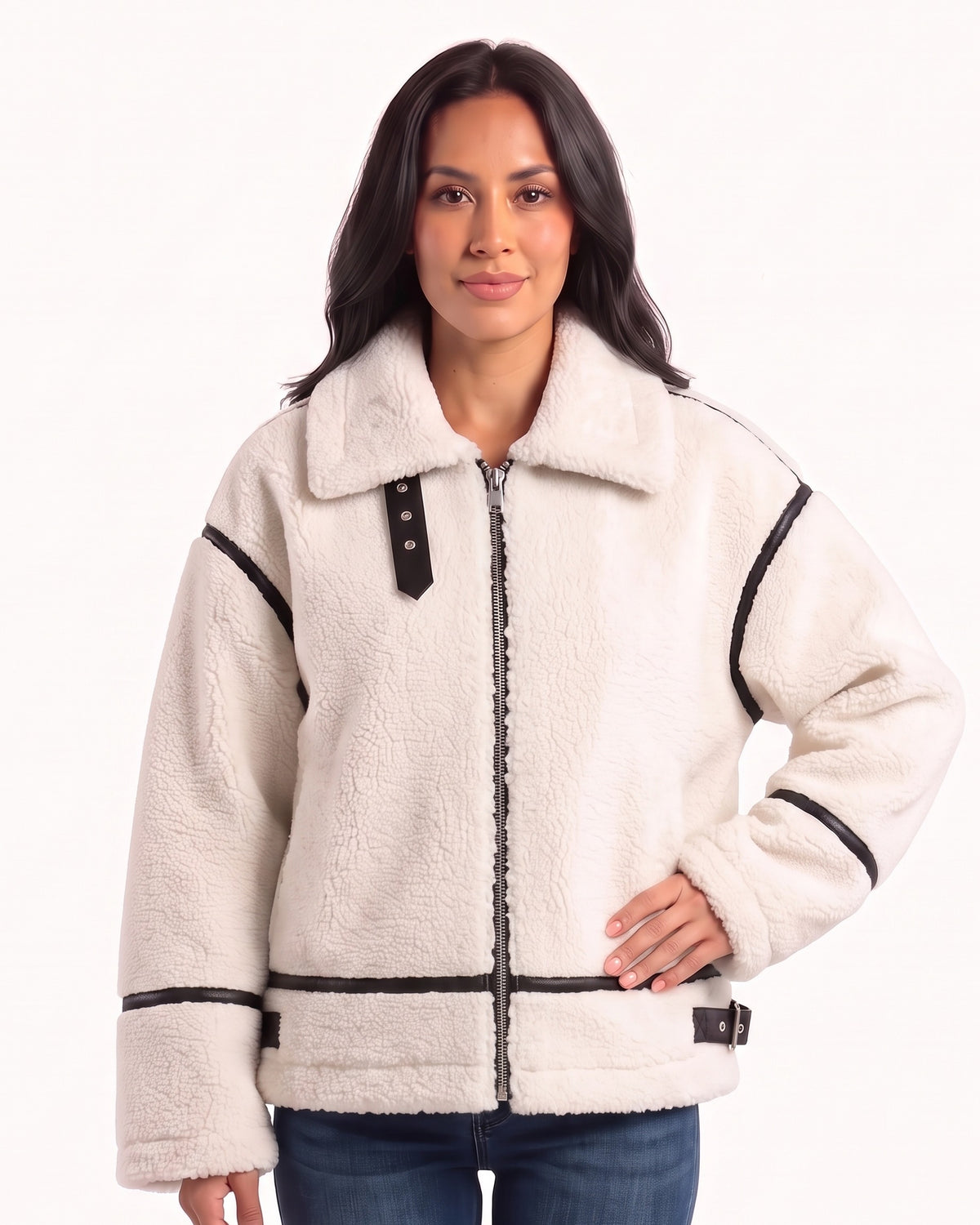 Women’s white sherpa aviator jacket with black trim, front zipper, and buckle collar