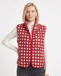 Red checked sherpa fleece zip-up vest for women, stand collar, sleeveless pockets