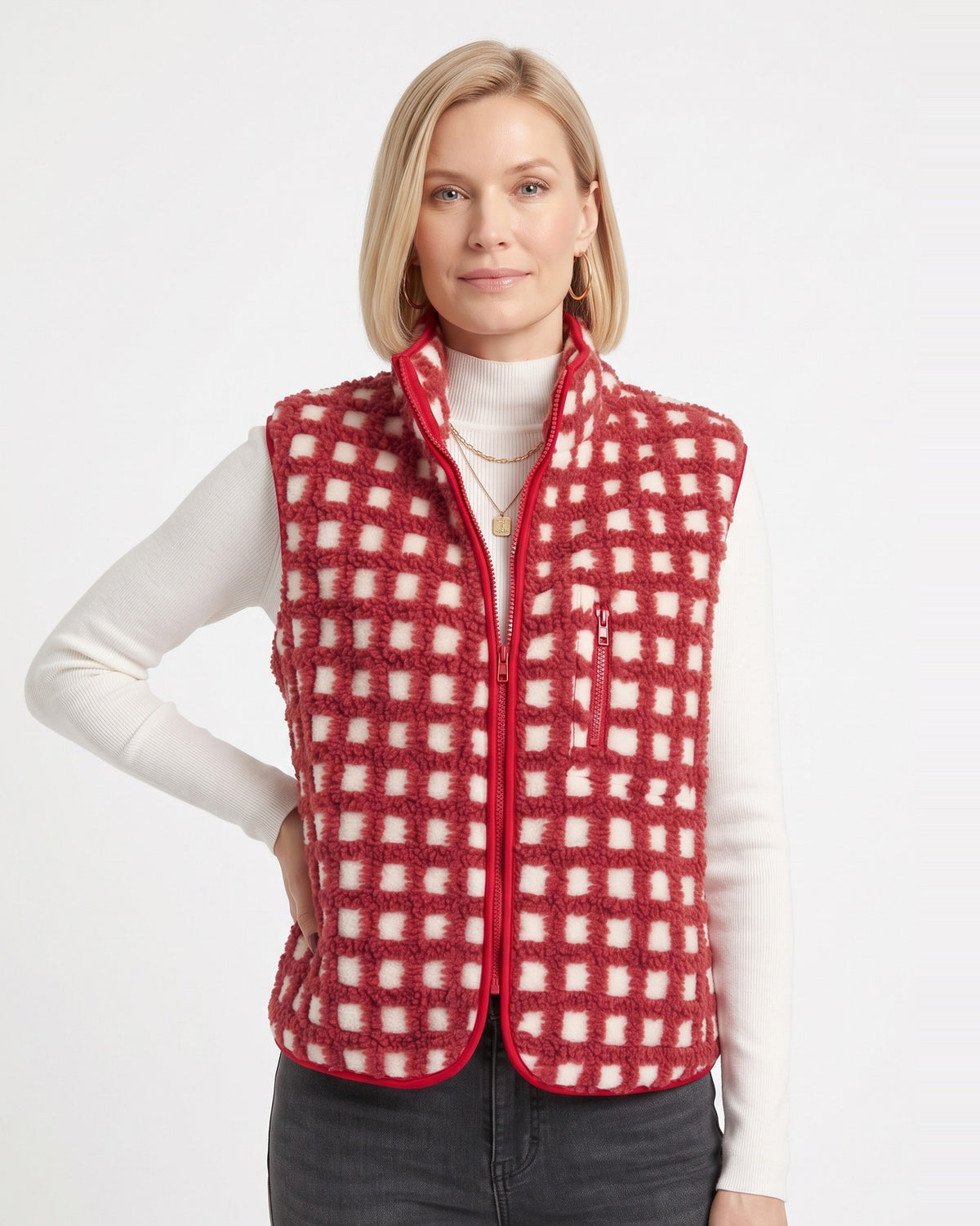 Red checked sherpa fleece zip-up vest for women, stand collar, sleeveless pockets