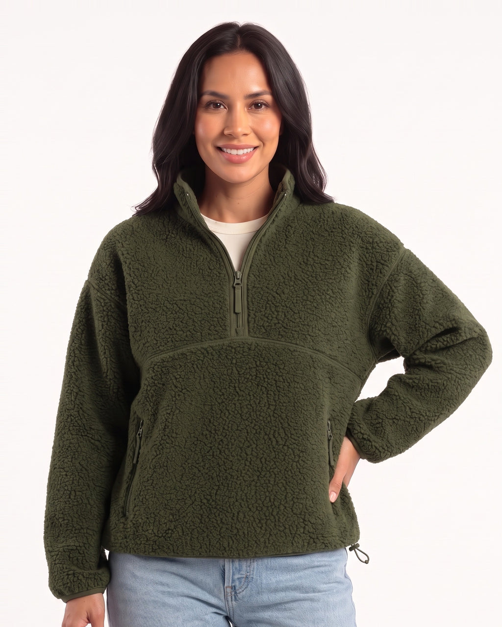 Women's sherpa half-zip fleece pullover in army green with stand collar and zip pocket