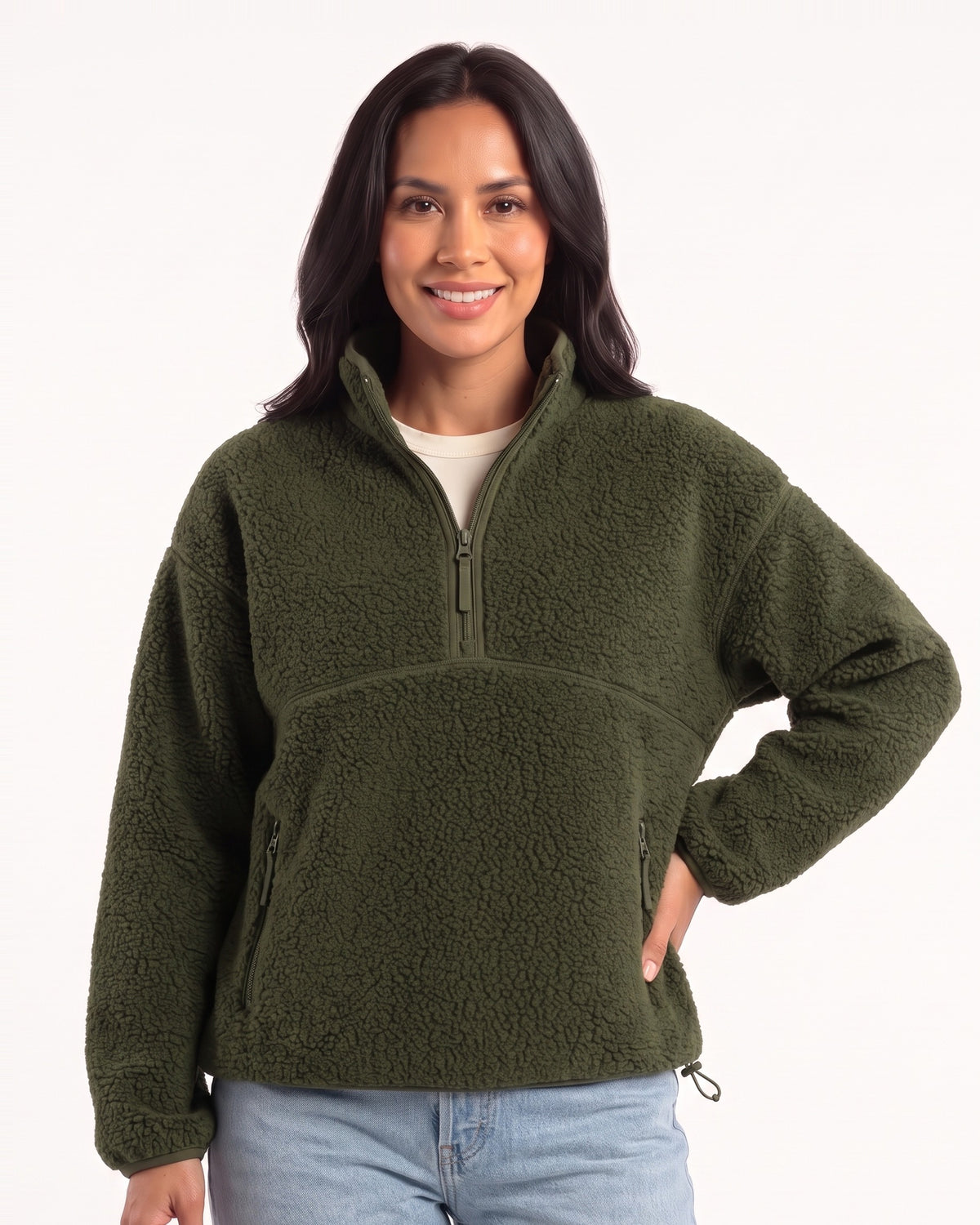 Women's sherpa half-zip fleece pullover in army green with stand collar and zip pocket