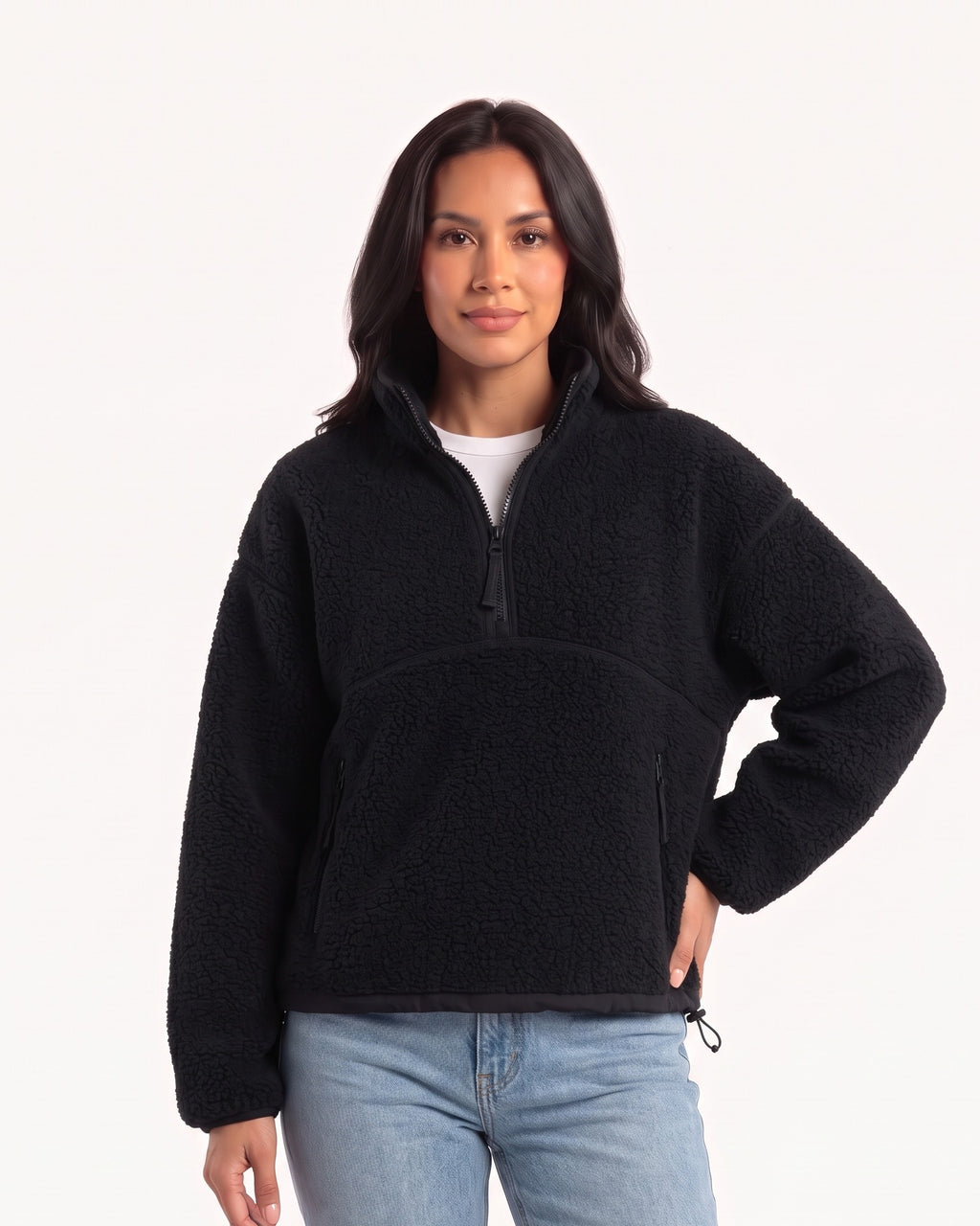Women’s black sherpa fleece half-zip pullover with stand collar and zip pocket