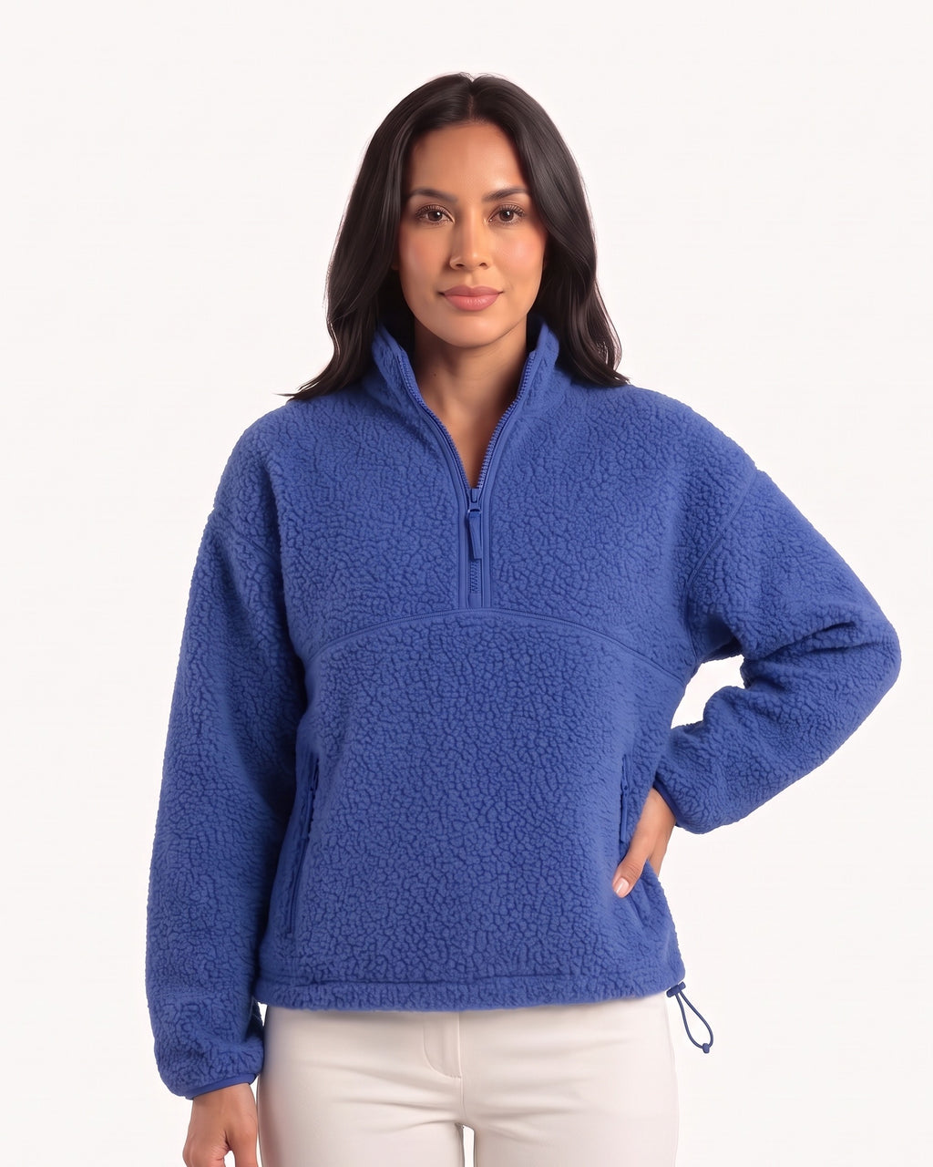 Women's sherpa half-zip fleece pullover in blue with stand collar and zip pocket