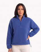 Women's sherpa half-zip fleece pullover in blue with stand collar and zip pocket