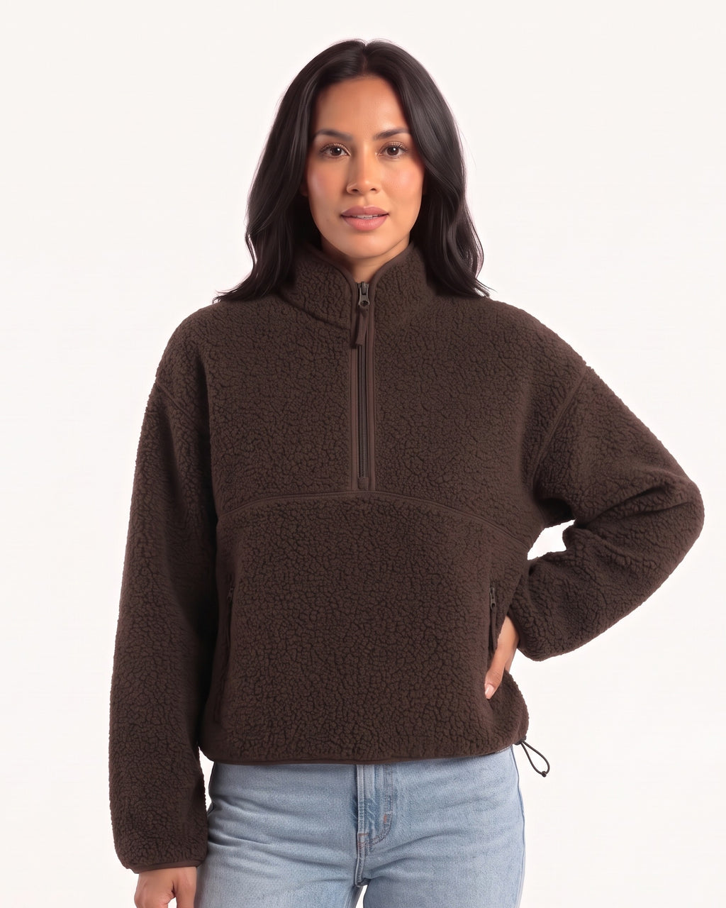 Women's sherpa half-zip fleece pullover in dark brown with stand collar and zip pocket