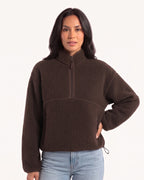 Women's sherpa half-zip fleece pullover in dark brown with stand collar and zip pocket
