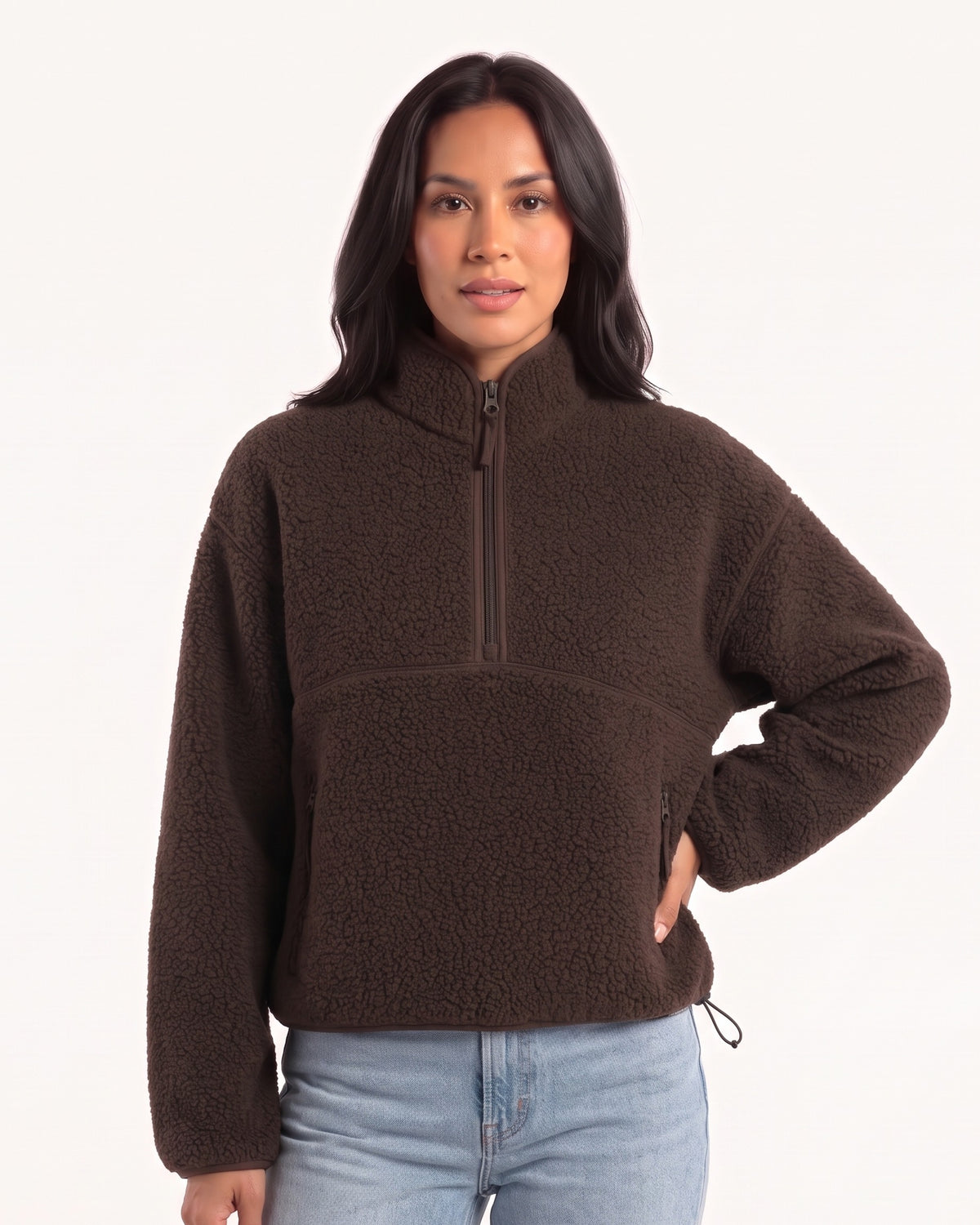 Women's sherpa half-zip fleece pullover in dark brown with stand collar and zip pocket