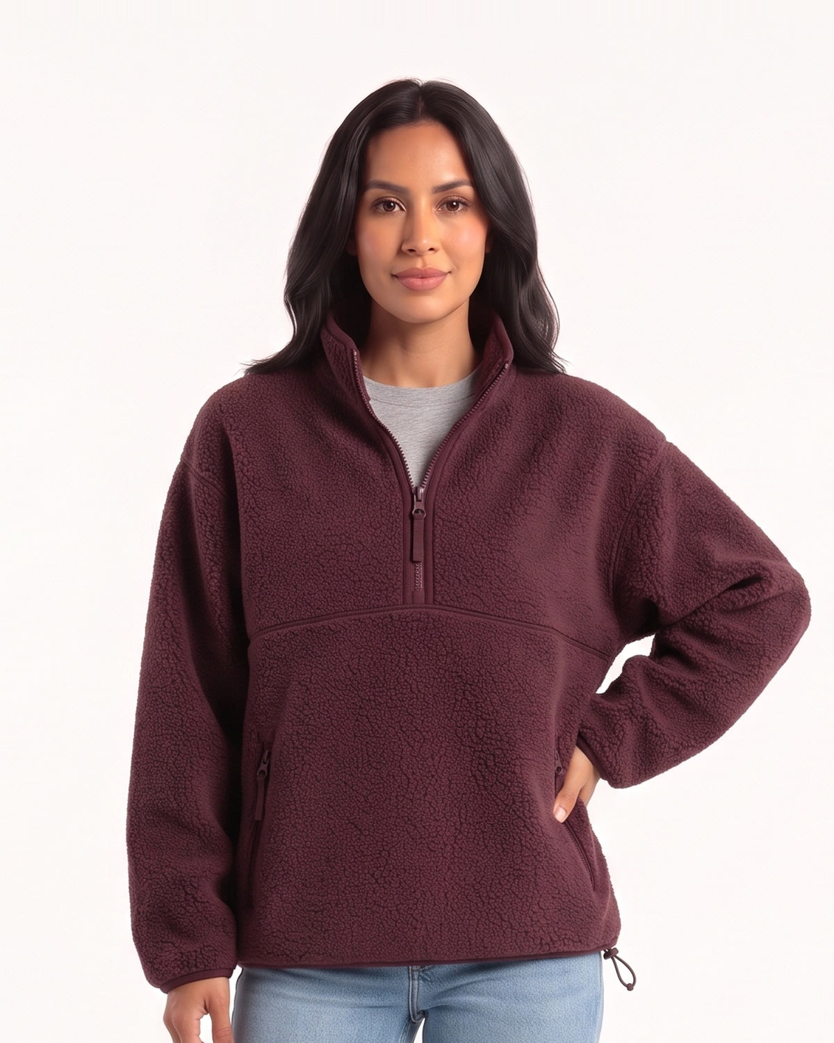 Women's sherpa half-zip fleece pullover in burgundy with stand collar and zip pocket