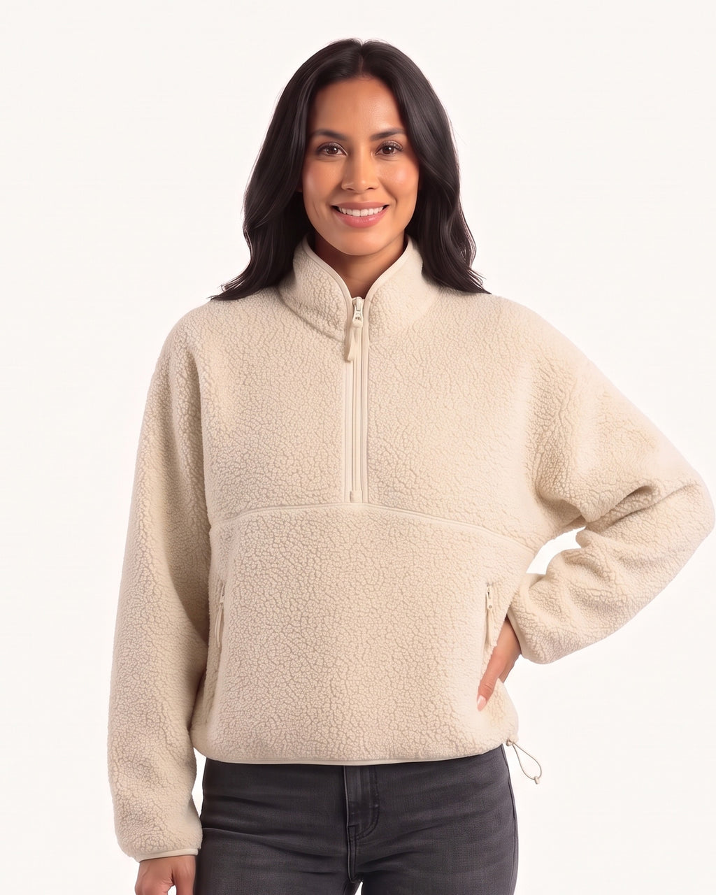 Women's sherpa half-zip fleece pullover in cream with stand collar and zip pocket