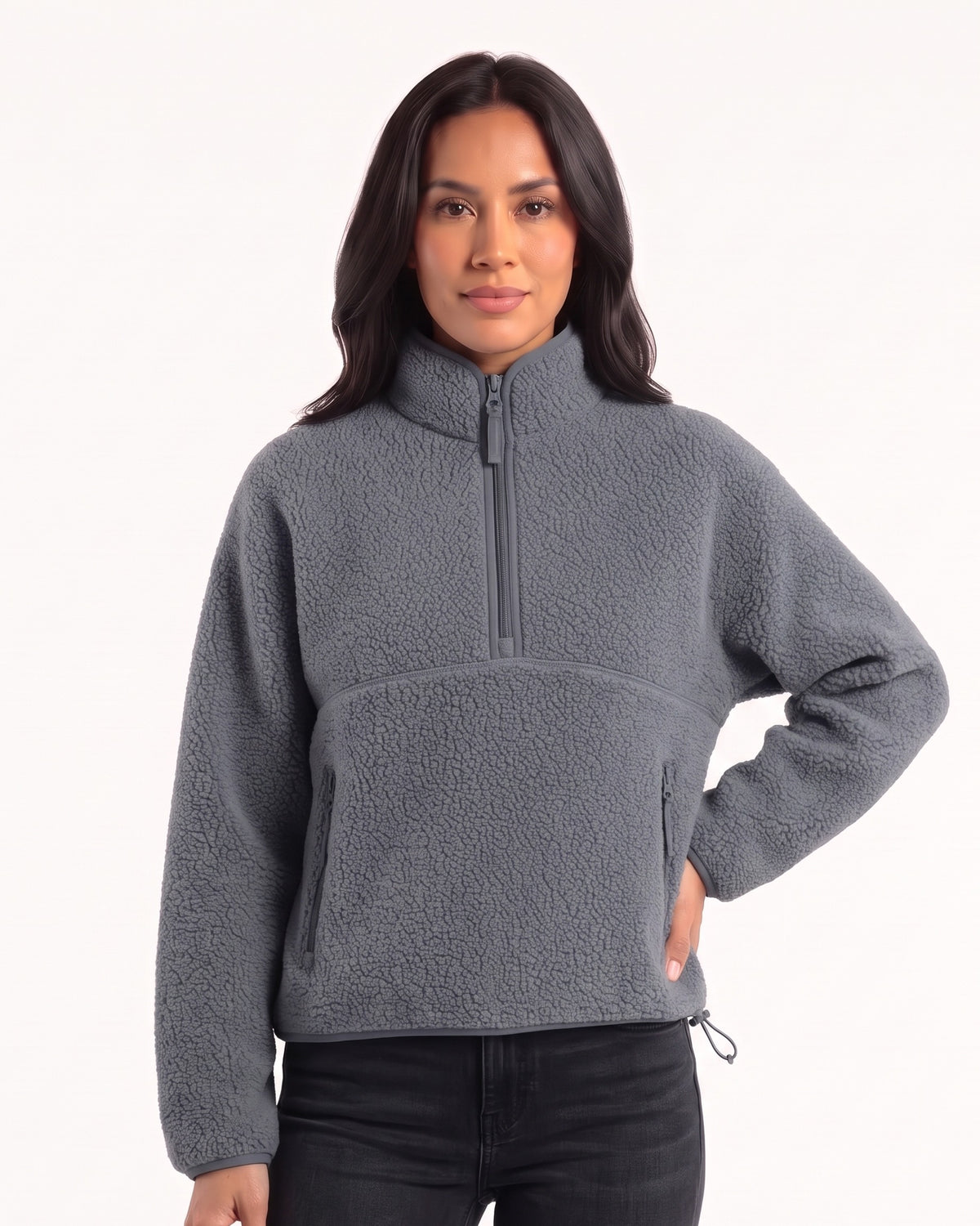 Women's sherpa half-zip fleece pullover in gray with stand collar and zip pocket