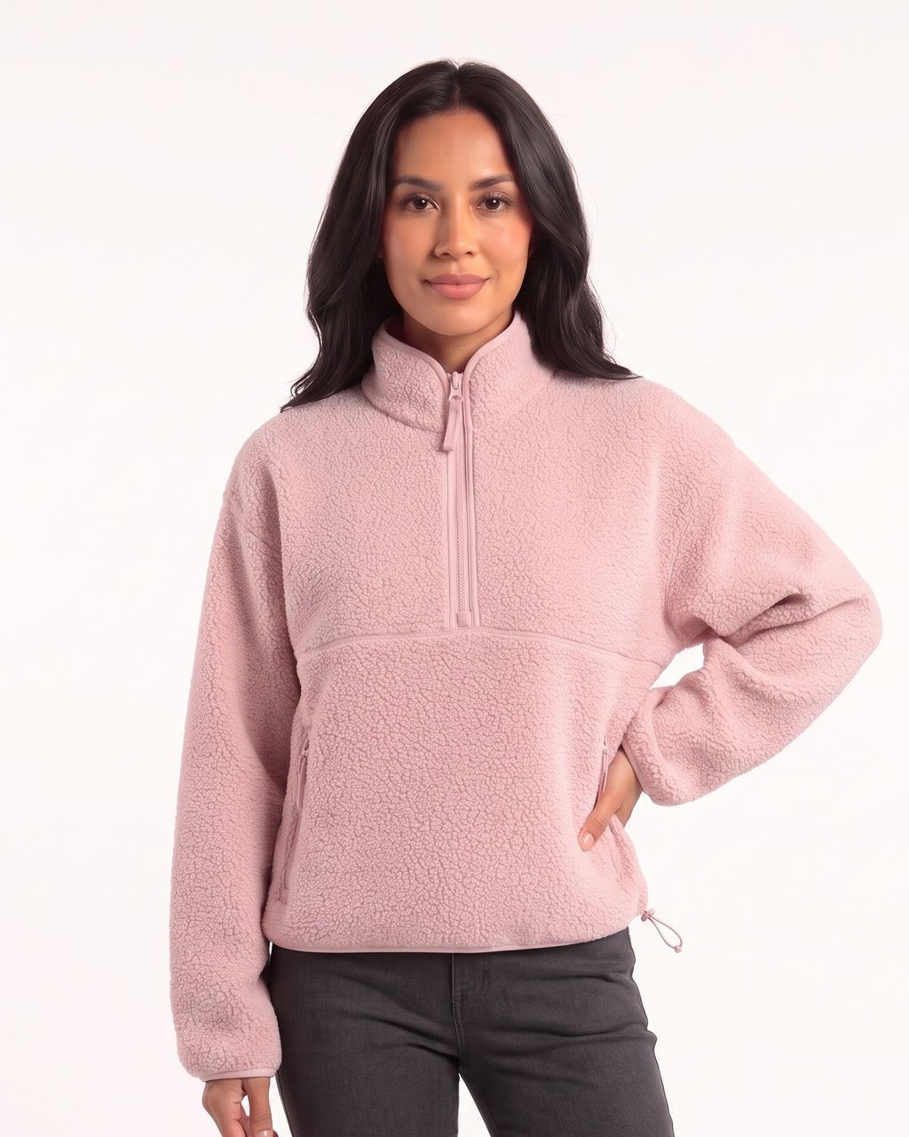 Women's sherpa half-zip fleece pullover in light pink with stand collar and zip pocket