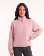 Women's sherpa half-zip fleece pullover in light pink with stand collar and zip pocket