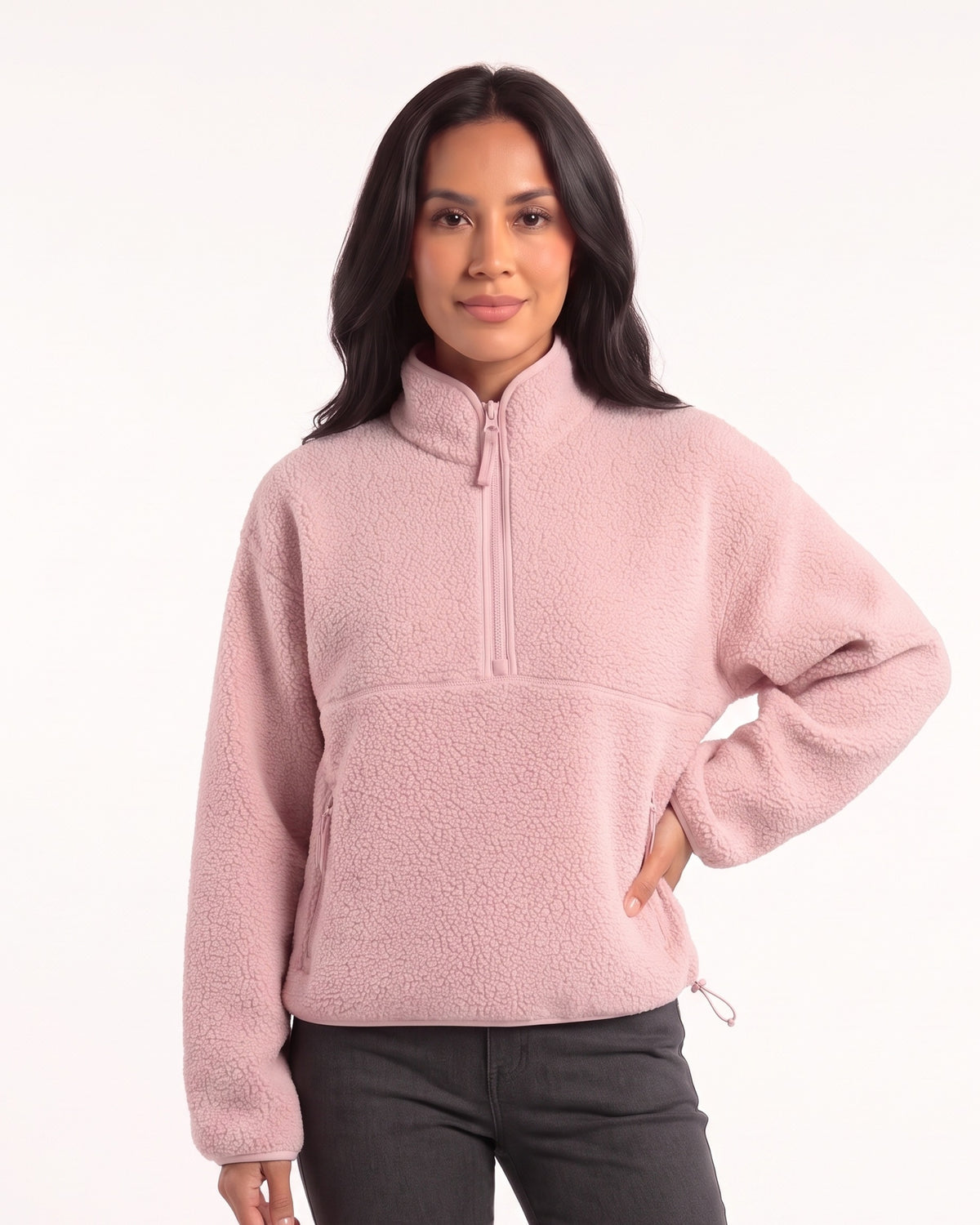Women's sherpa half-zip fleece pullover in light pink with stand collar and zip pocket