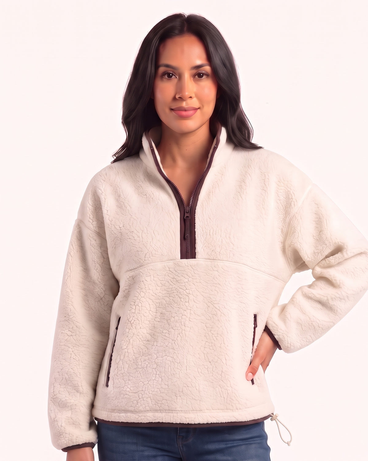 Women's sherpa half-zip fleece pullover in off-white with contrast zipper and zip pocket