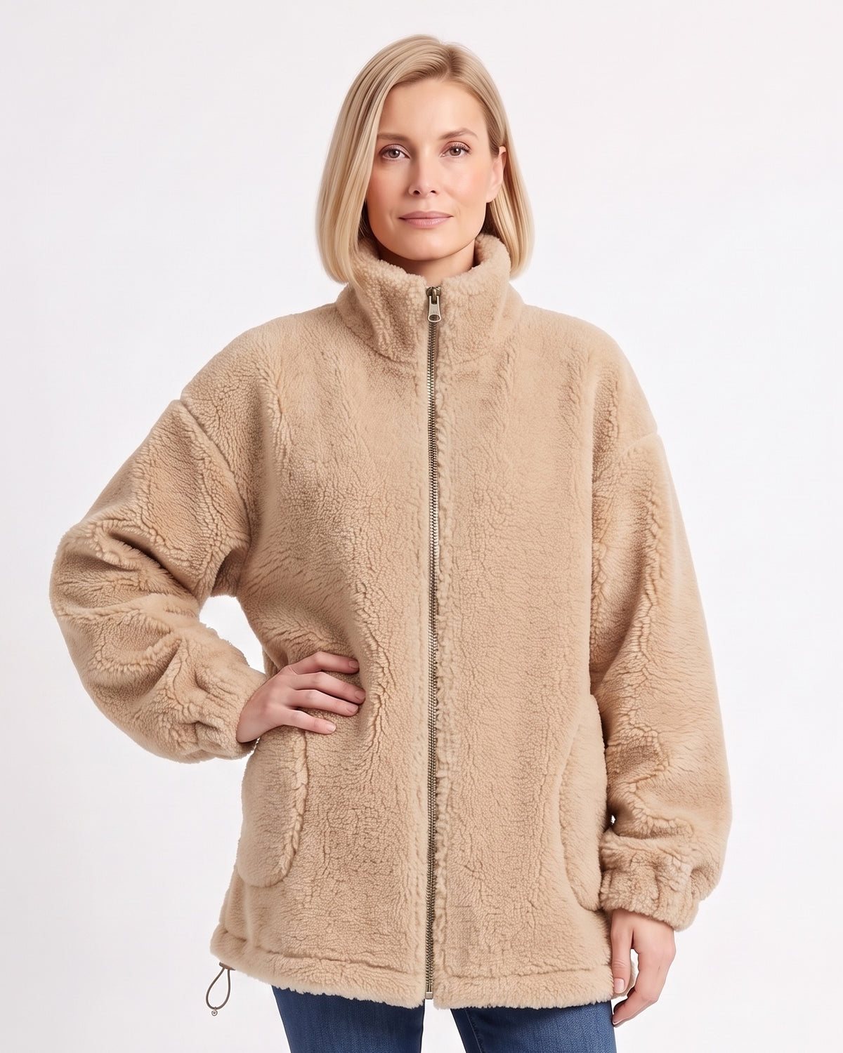 Women’s sherpa fleece full-zip jacket in beige, zip-front with drawstring hem details