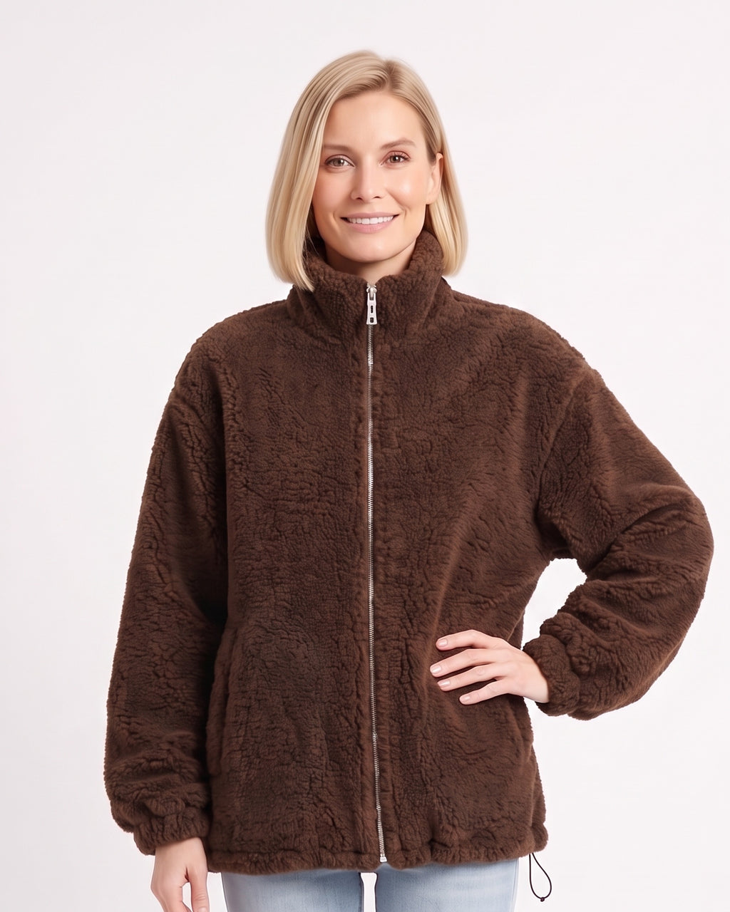 Women’s brown sherpa teddy fleece full-zip jacket with stand collar and drawstring hem