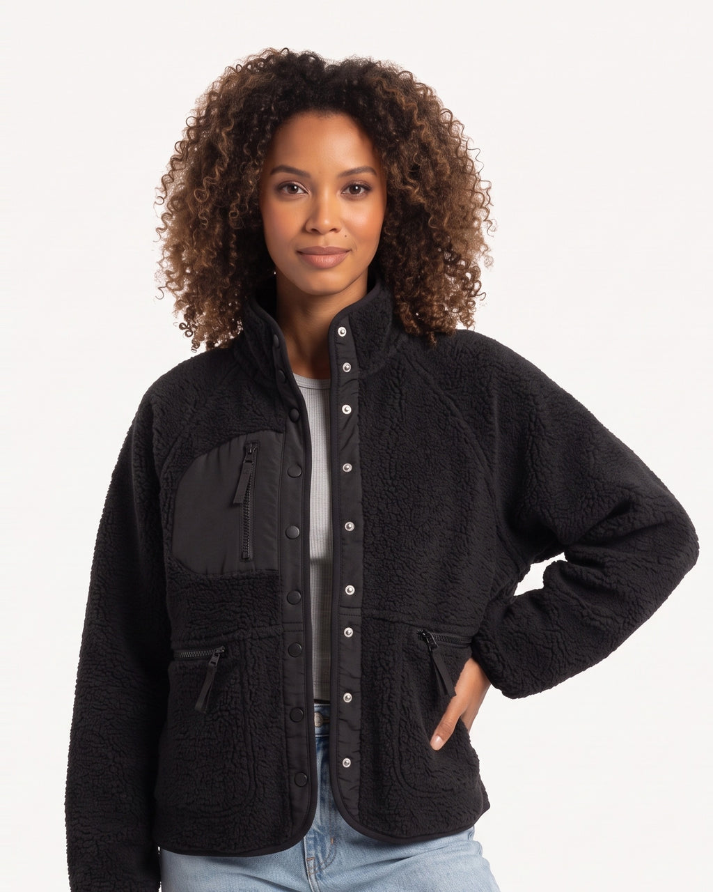 Women's sherpa fleece jacket, black, snap front with stand collar and zip pockets