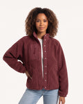 Women's sherpa fleece jacket, burgundy, snap front with stand collar and zip pockets