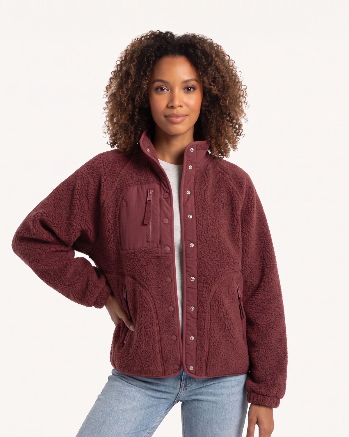 Women's sherpa fleece jacket, burgundy, snap front with stand collar and zip pockets